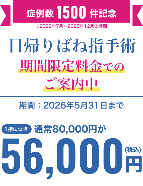 ばね指 手術1指の治療につき初回56,000円(税込)、2回目以降49,500円(税込)