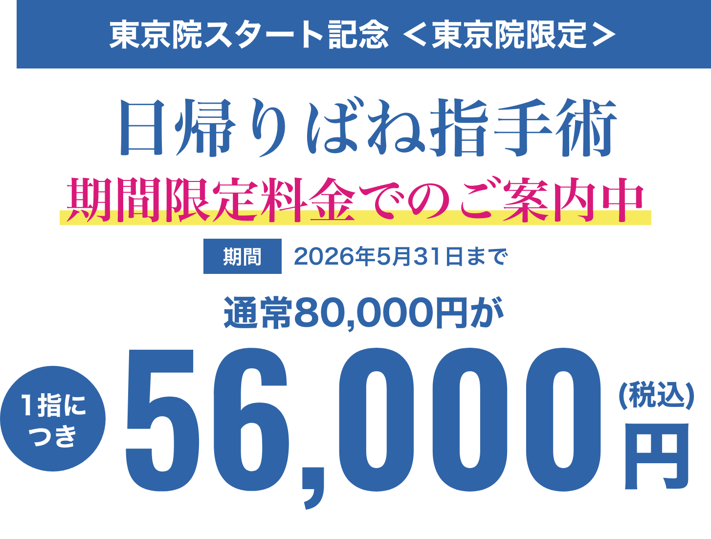 ばね指 手術1指の治療につき初回56,000円(税込)、2回目以降49,500円(税込)